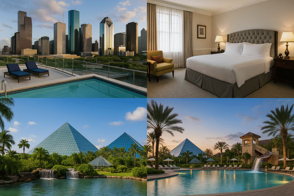 Top Staycation Spots in Houston, Texas featuring downtown skyline views, boutique hotel rooms, Moody Gardens, and resort pools.