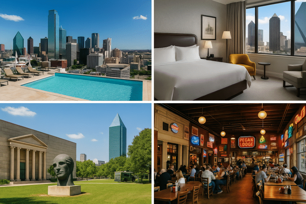 Dallas Staycation Gems You Didn’t Know About featuring a rooftop pool with skyline views, a modern hotel room, the Dallas Museum of Art, and a popular BBQ restaurant.