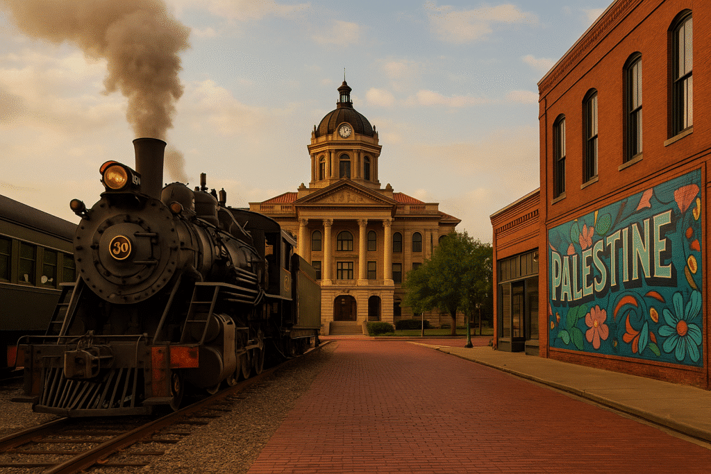 Historic steam train and courthouse downtown, a must-see highlight among the best things to do in Palestine, Texas.