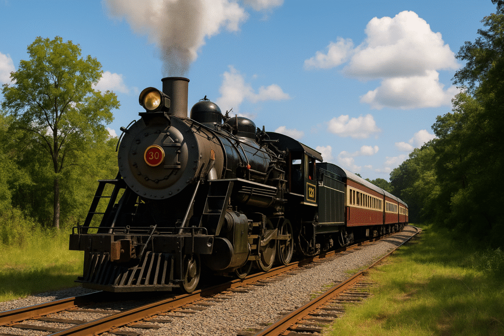 Vintage steam locomotive on The Texas State Railroad – A Nostalgic Train Ride through East Texas countryside.