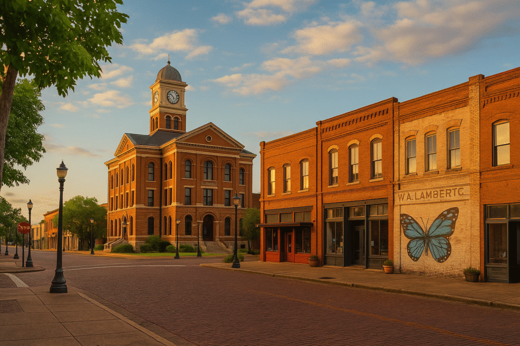 Sunset view of brick streets, historic courthouse, and colorful murals showcasing Downtown Palestine – Old-School Charm with a Twist.