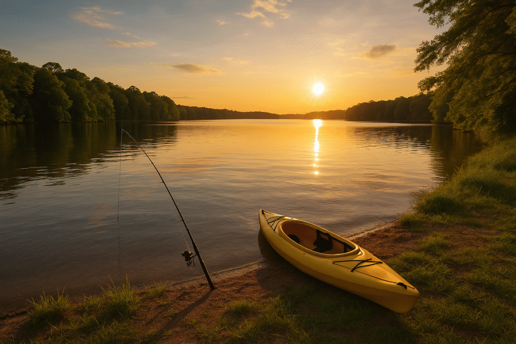 Sunset view of Lake Palestine – Fishing, Kayaking, and Relaxation with a yellow kayak and fishing rod by the calm water.