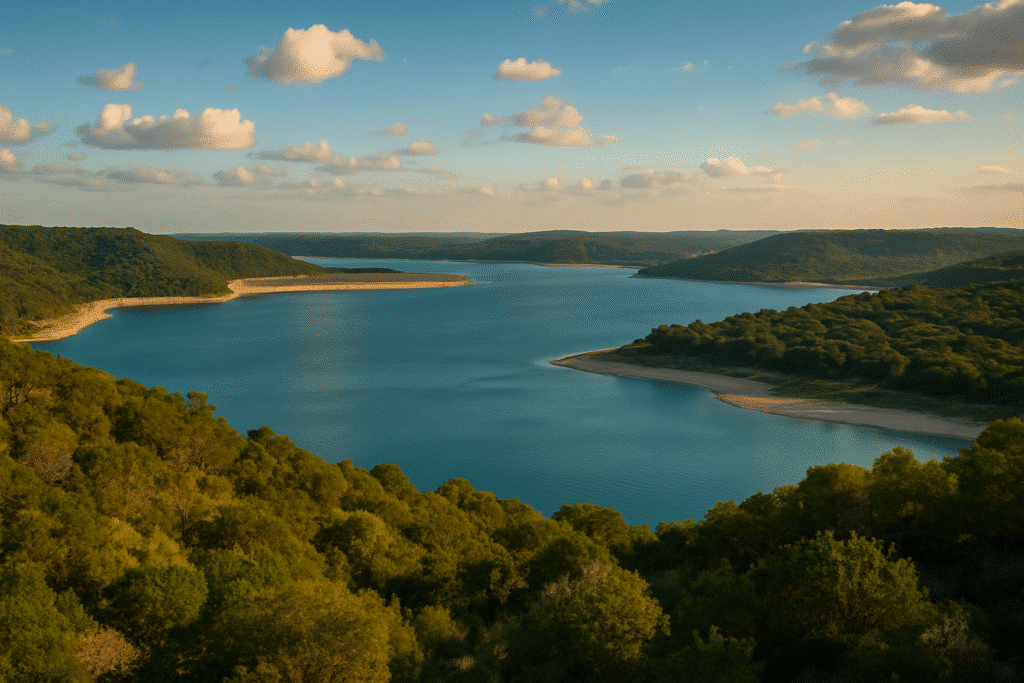 Scenic aerial view of Canyon Lake surrounded by green hills and blue skies, perfect for outdoor adventures and things to do in Canyon Lake Texas.