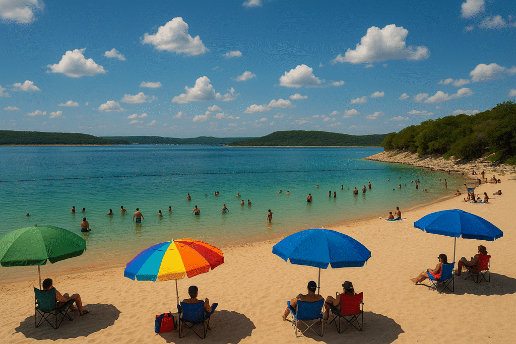 Families relaxing under umbrellas and swimming in the clear waters of Canyon Lake, perfect for Hitting the Swim Beaches (Because Texas Summers Are Brutal).