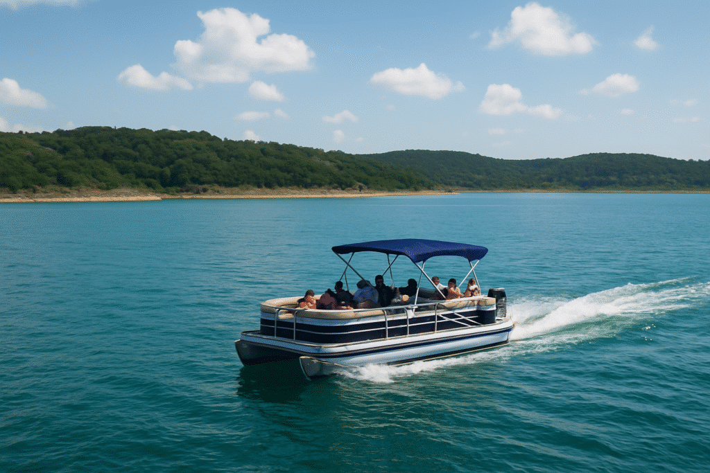 A pontoon boat gliding on the blue waters of Canyon Lake with passengers relaxing, showcasing Boat Rentals: Because Sometimes You Just Need to Cruise.