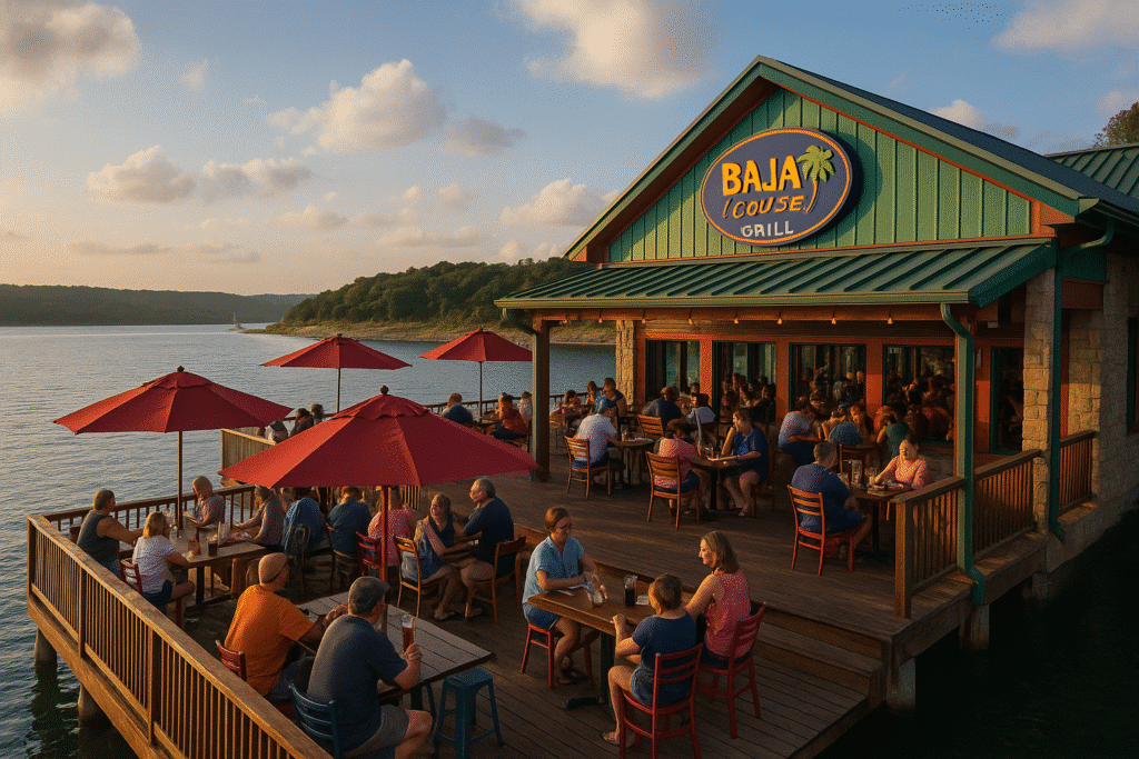 Outdoor dining at a lakeside restaurant with sunset views, perfect for Dining Around Canyon Lake: Where to Eat After a Long Day.
