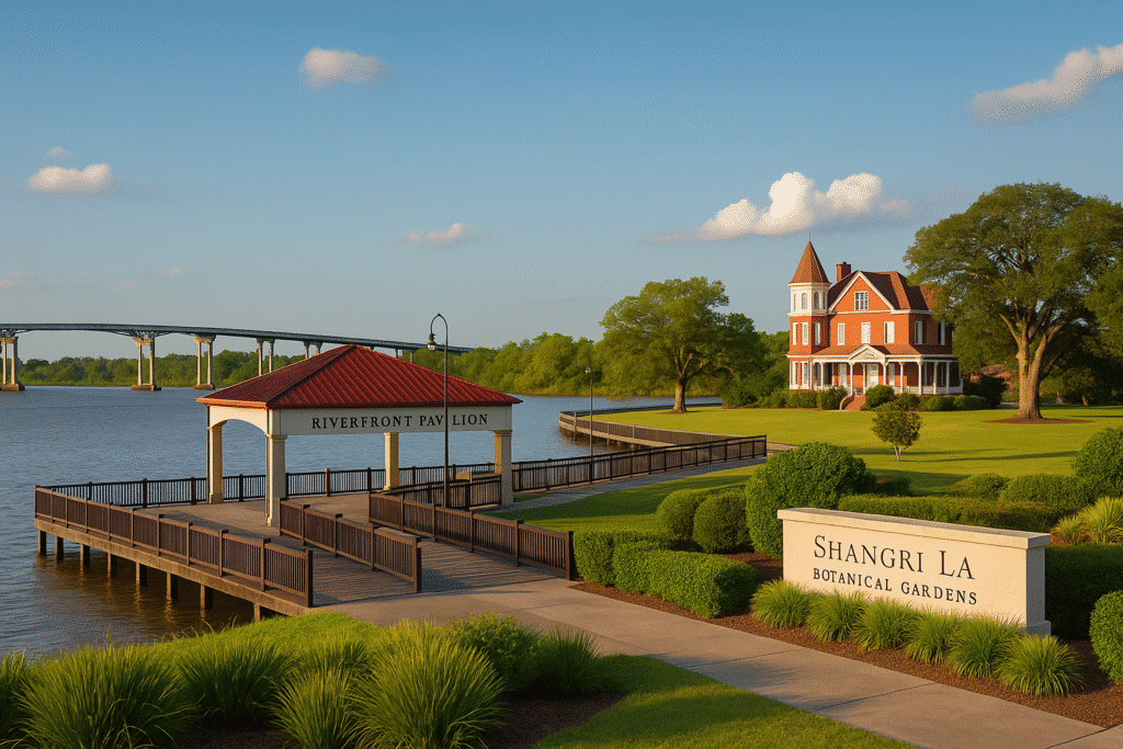 Scenic view of the Riverfront Pavilion and Shangri La Botanical Gardens, a top highlight among things to do in Orange Texas.