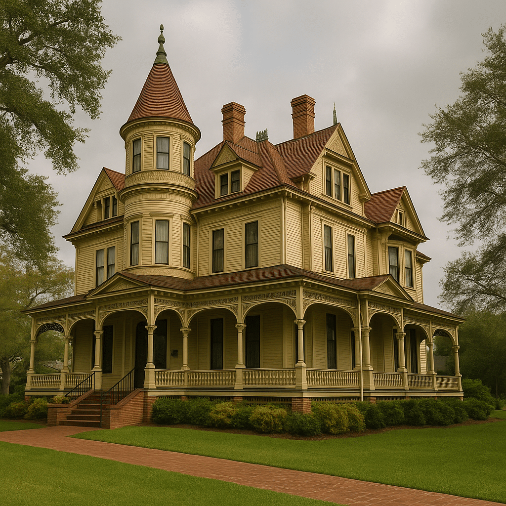 Victorian-style architecture of The W.H. Stark House – A Step Back in Time with wraparound porch and red roof.