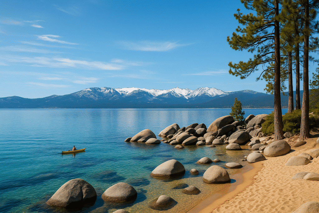A peaceful shoreline with boulders, pine trees, and clear blue water under snowy mountains—perfect scenery to spend a day at Lake Tahoe.