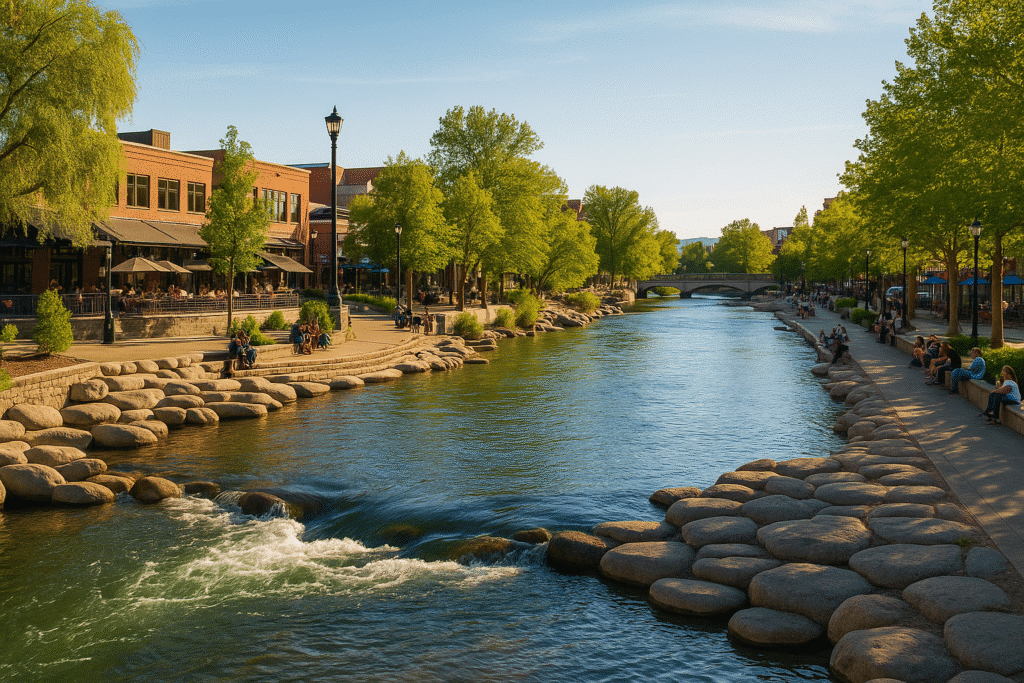 People relaxing by the Truckee River with cafes, trees, and walkways on both sides—an inviting scene to explore the Riverwalk District in Reno.