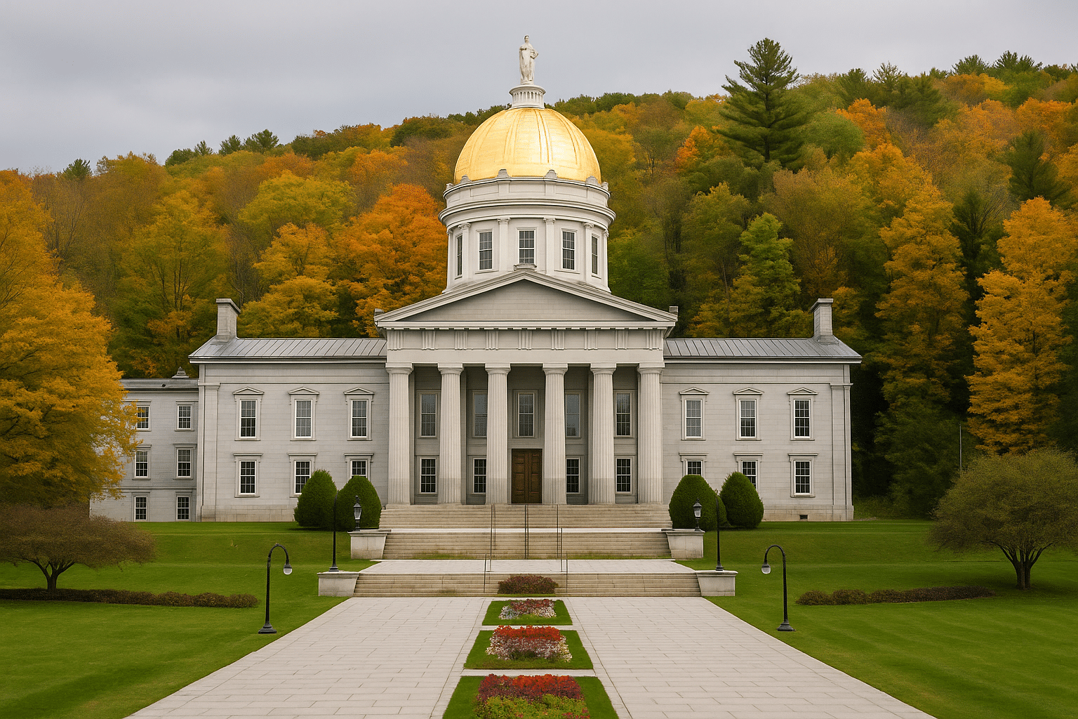 The Vermont State House in Montpelier surrounded by fall foliage, illustrating why Montpelier is the capital and not a bigger city.
