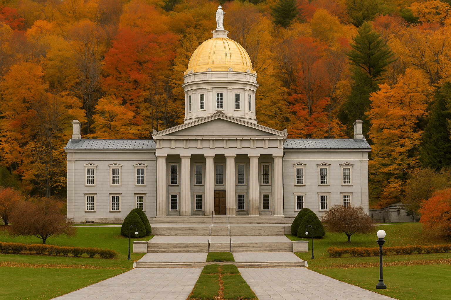 The Vermont State House framed by vibrant autumn foliage, representing the Quick History of Montpelier as Vermont’s capital.