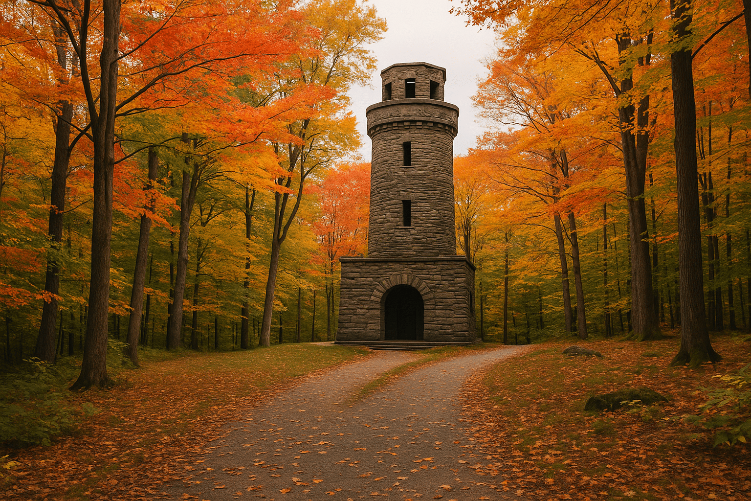 Stone observation tower in a vibrant autumn forest, one of the best places to explore near Montpelier, Vermont.