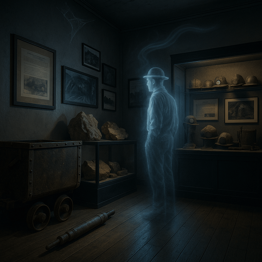 Dimly lit interior of the Jerome Mine Museum with old mining artifacts and displays, where faint shadowy figures create an eerie, ghostly atmosphere.