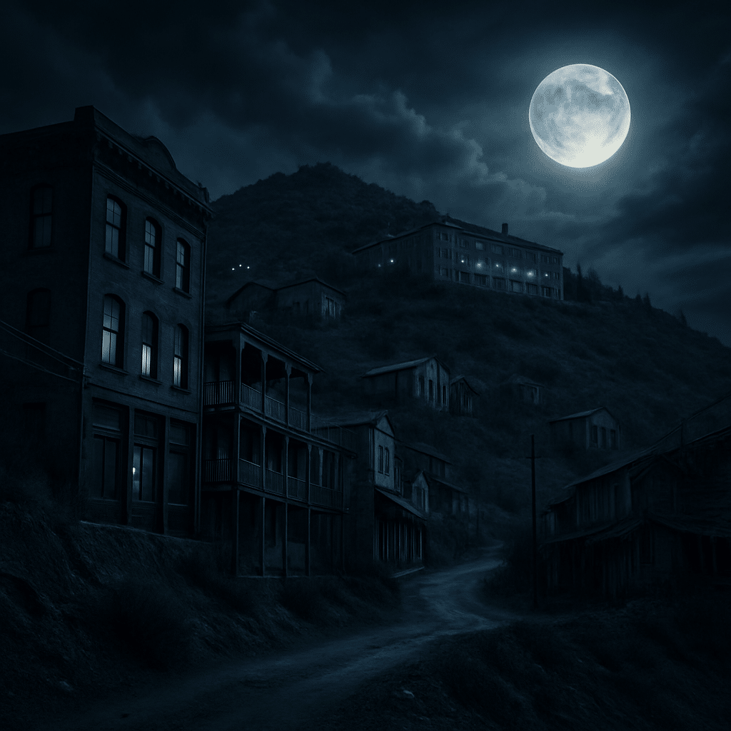 Panoramic daytime view of Jerome, Arizona, with historic hillside buildings and desert mountains under a clear blue sky.