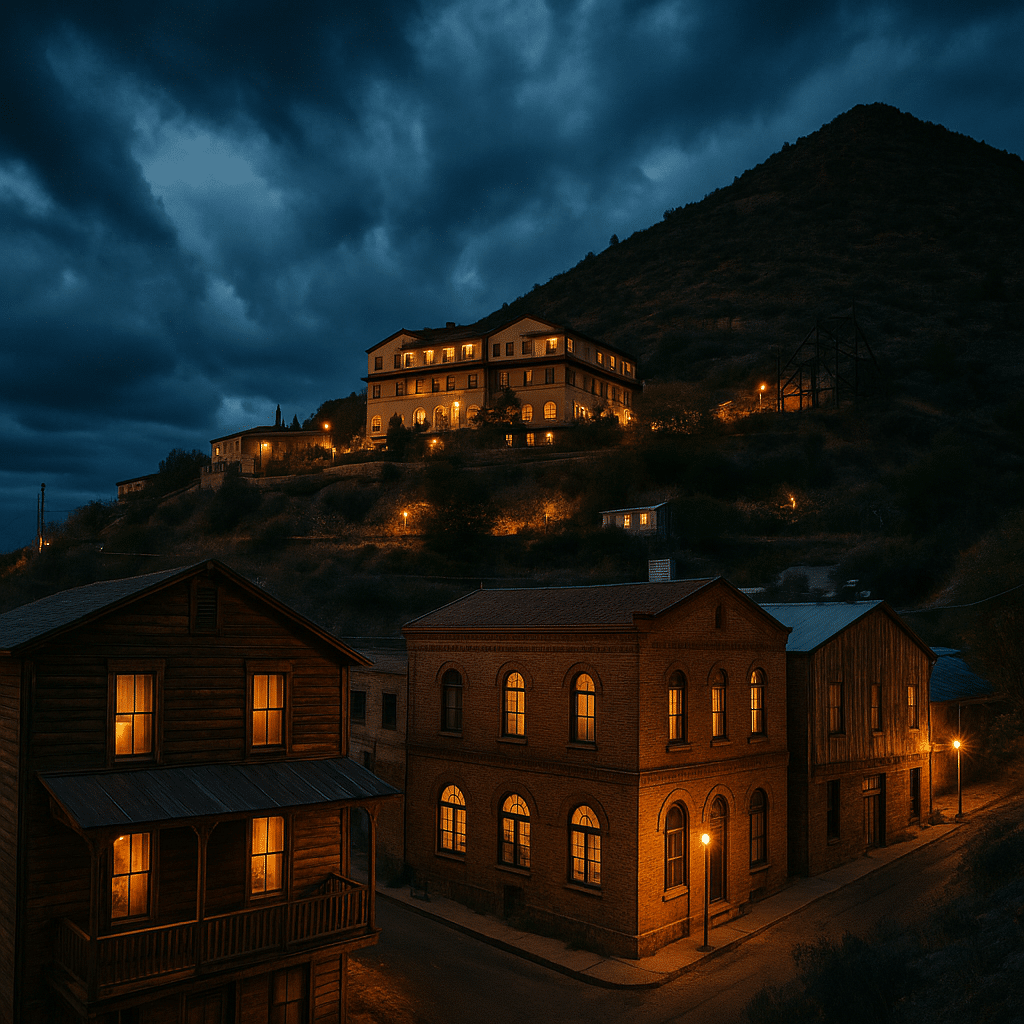 Historic mining town of Jerome, Arizona at twilight, with glowing windows in wooden and brick buildings on the hillside beneath a moody sky.
