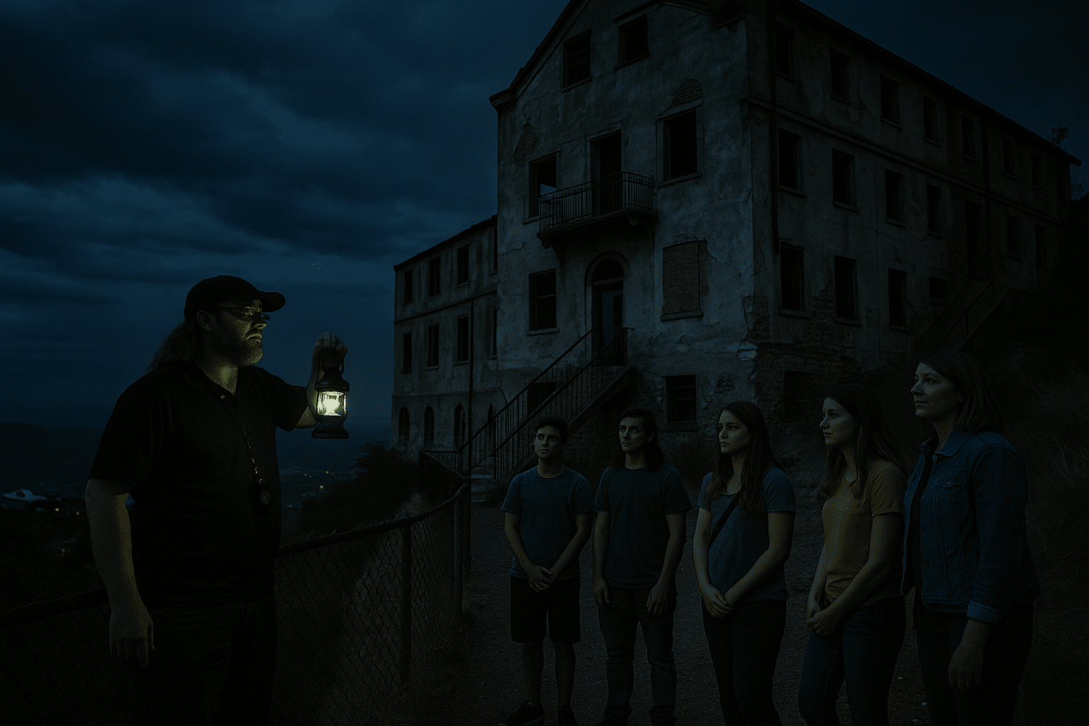 Ghost tour guide holding a lantern while leading a group past an abandoned building in Jerome, Arizona at night