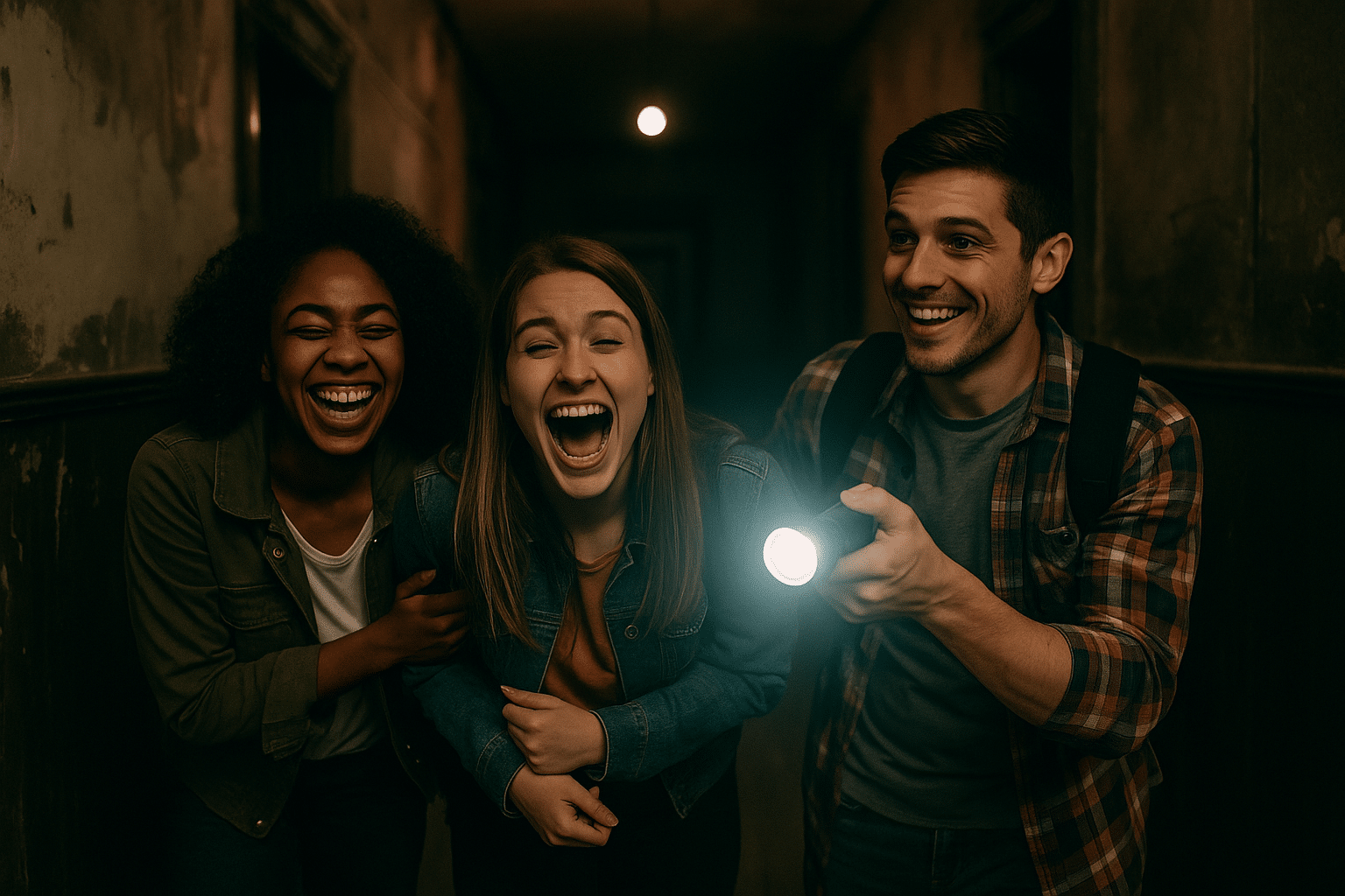 Three friends laughing nervously while exploring a dimly lit hallway during a ghost tour in Jerome, Arizona, holding a flashlight.