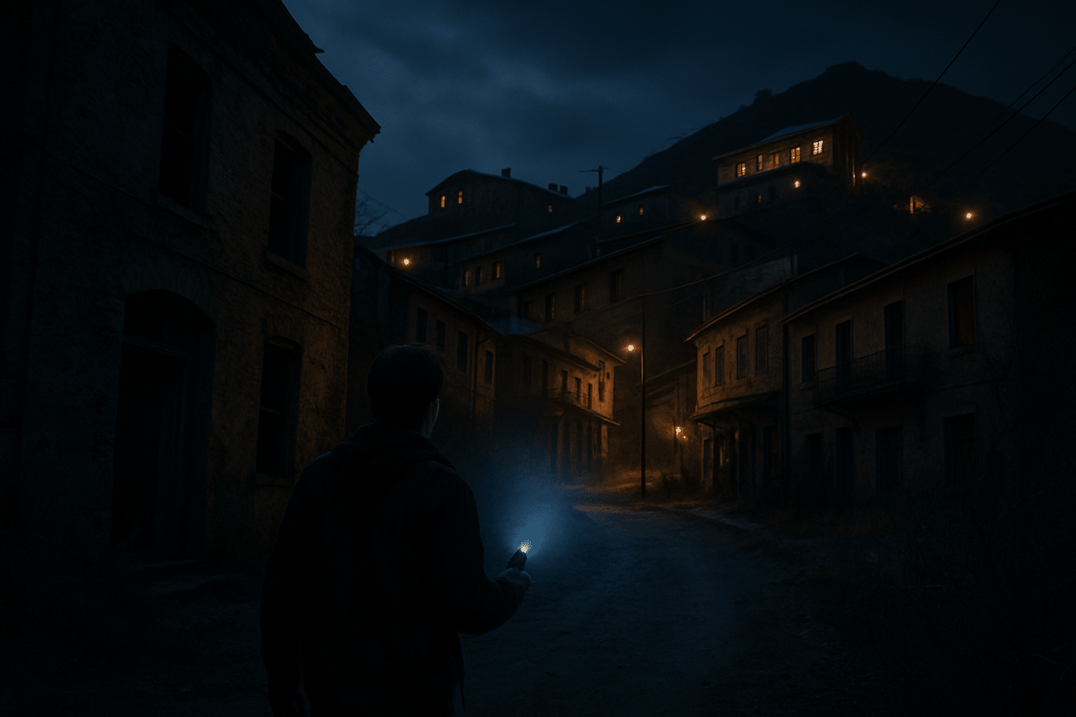 A lone person with a flashlight walks through a dimly lit street in Jerome, Arizona at night, surrounded by old hillside buildings casting eerie shadows