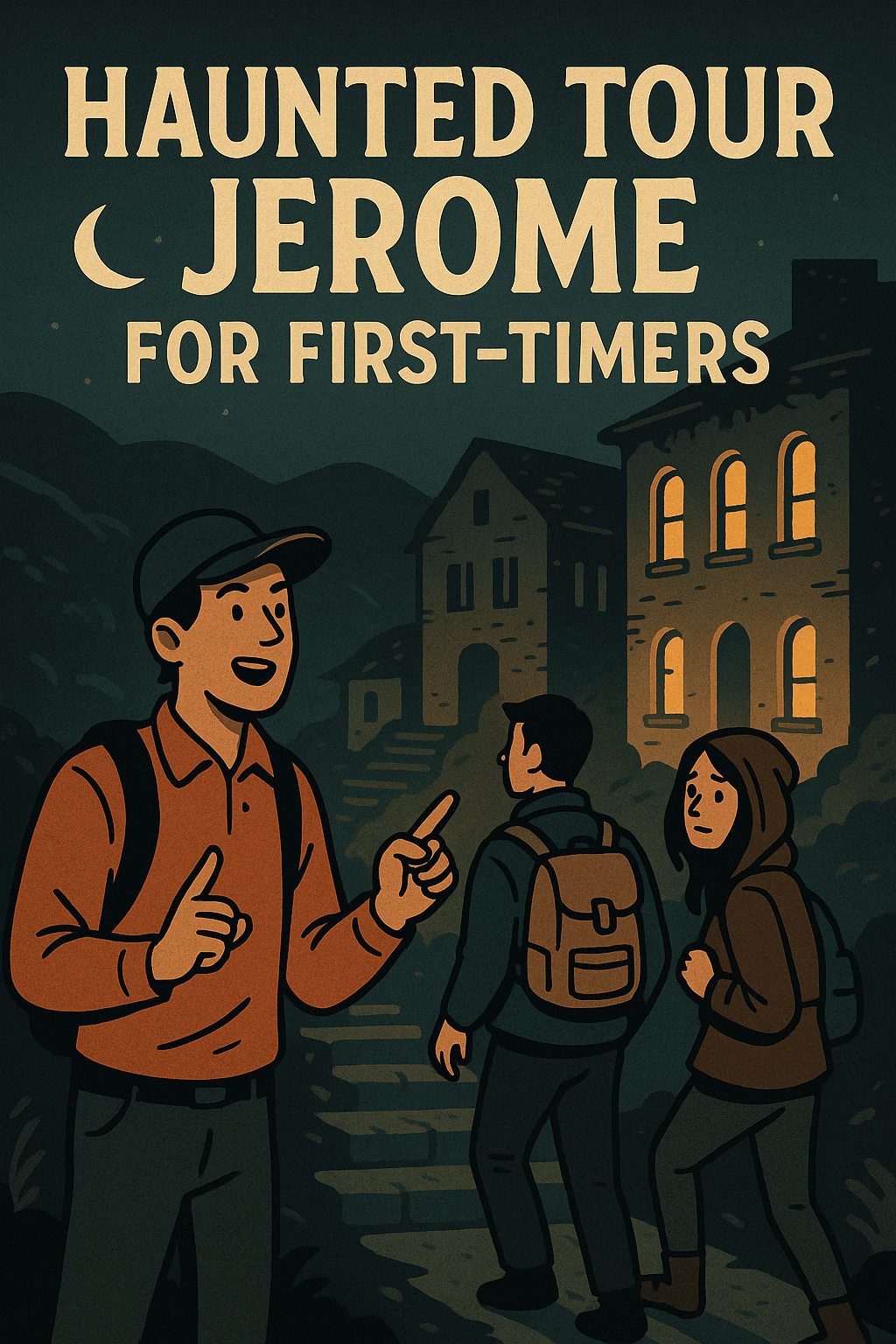 Illustration of a ghost tour in Jerome, Arizona, with a guide leading first-time visitors past eerie old buildings at night under moonlight.