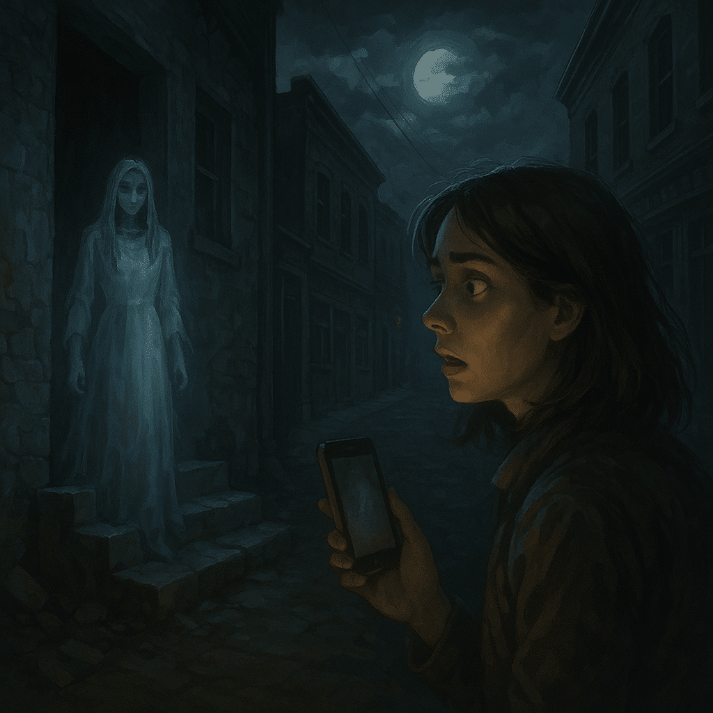 A ghost tour group in a dimly lit alley in Jerome, Arizona, staring at a faint blur near old brick steps during a chilling moment.