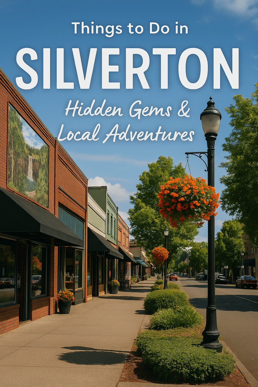 Scenic aerial view of Silverton, Oregon with small-town streets, historic buildings, and surrounding green hills.