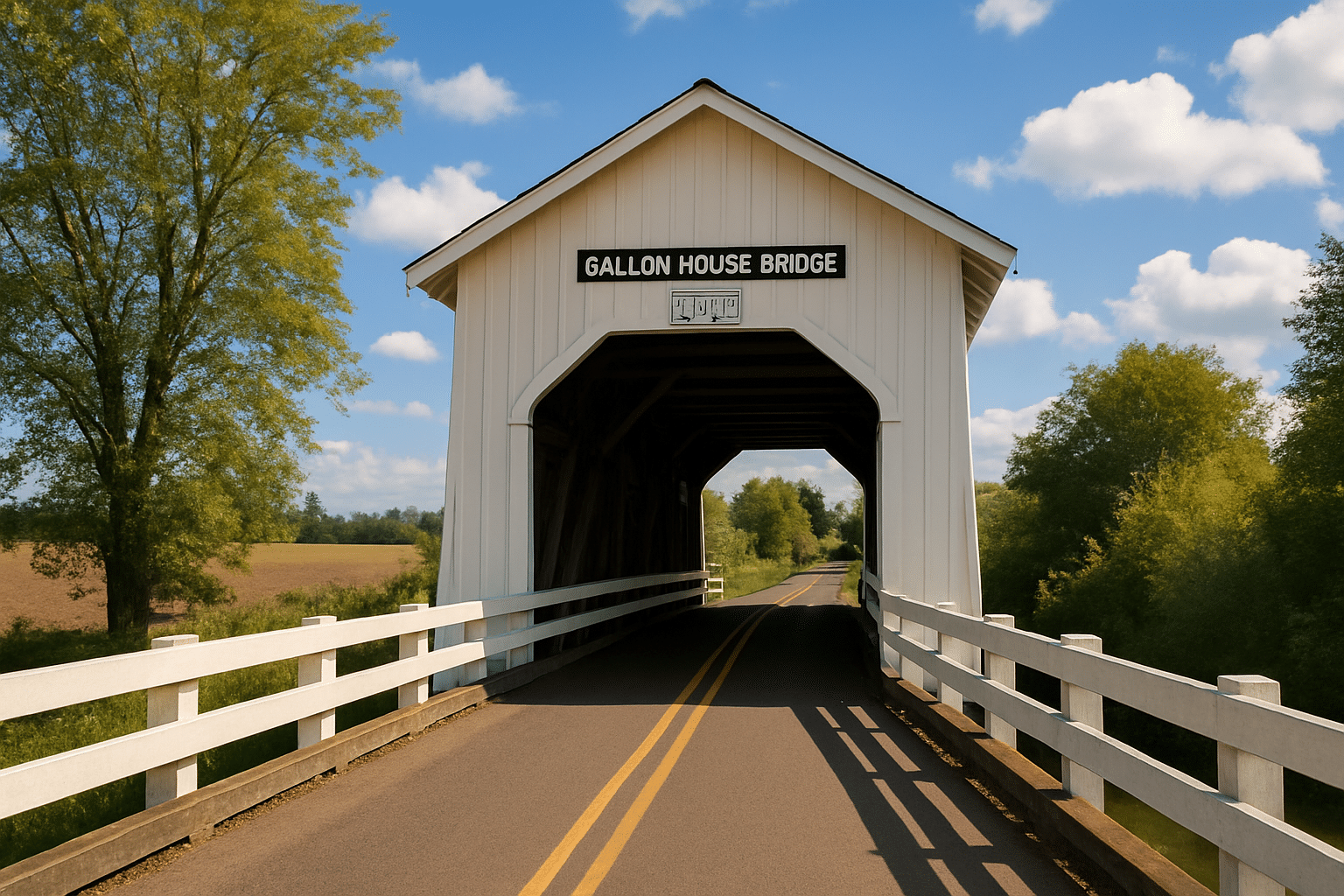Historic Gallon House Bridge, a white wooden covered bridge surrounded by trees and farmland under a bright blue sky.