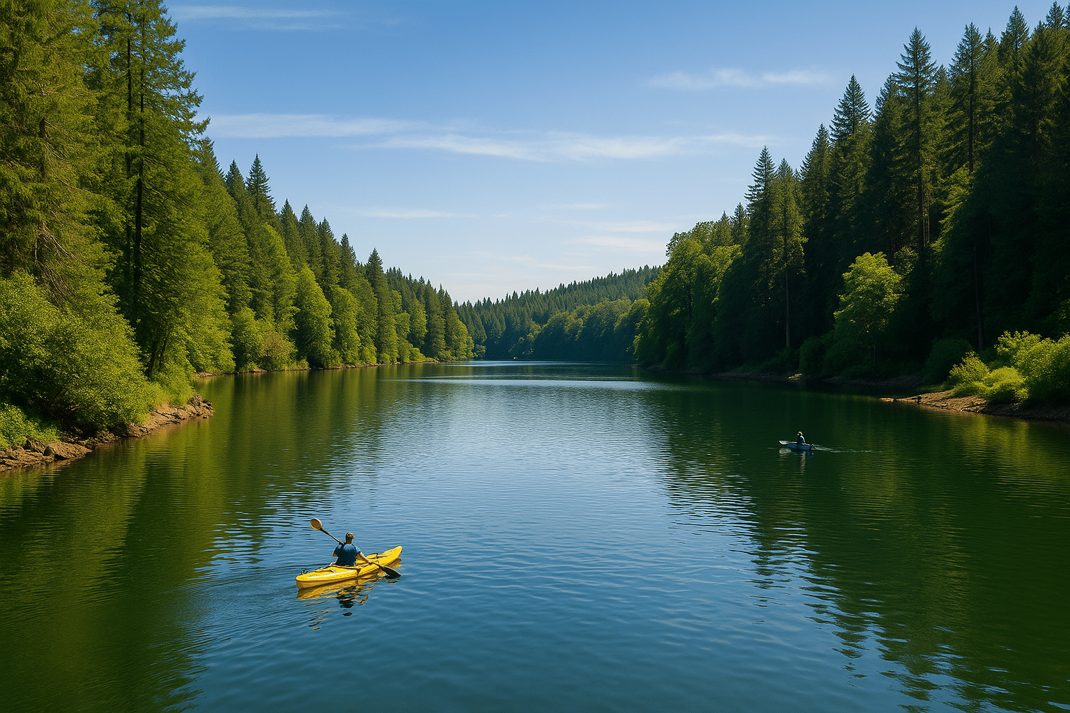 Serene view of Silverton Reservoir surrounded by dense green forest with kayakers paddling across the calm blue water.