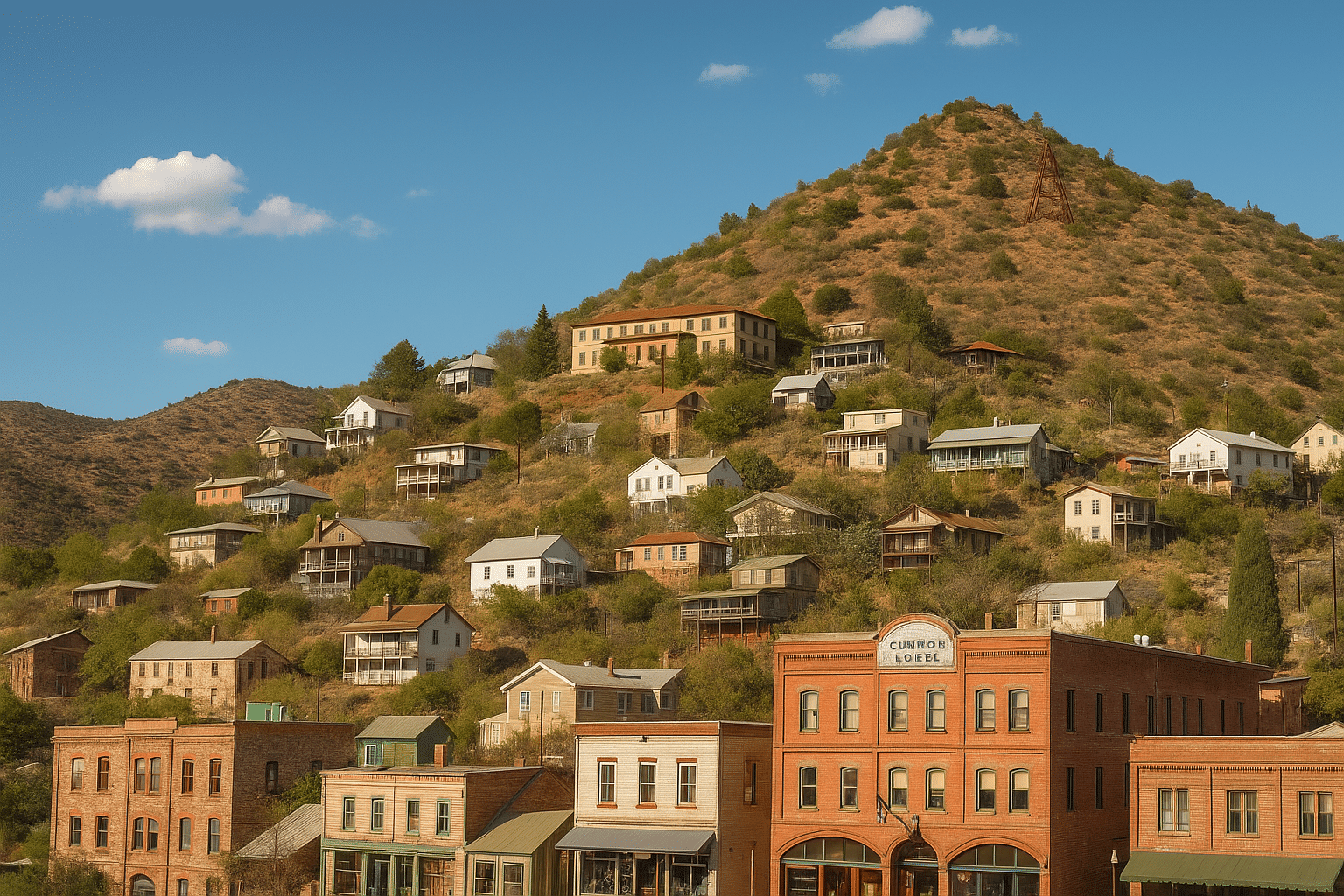 Daytime view of Jerome, Arizona, with colorful hillside buildings, winding streets, and a historic red-brick structure in the foreground against the Verde Valley backdrop.