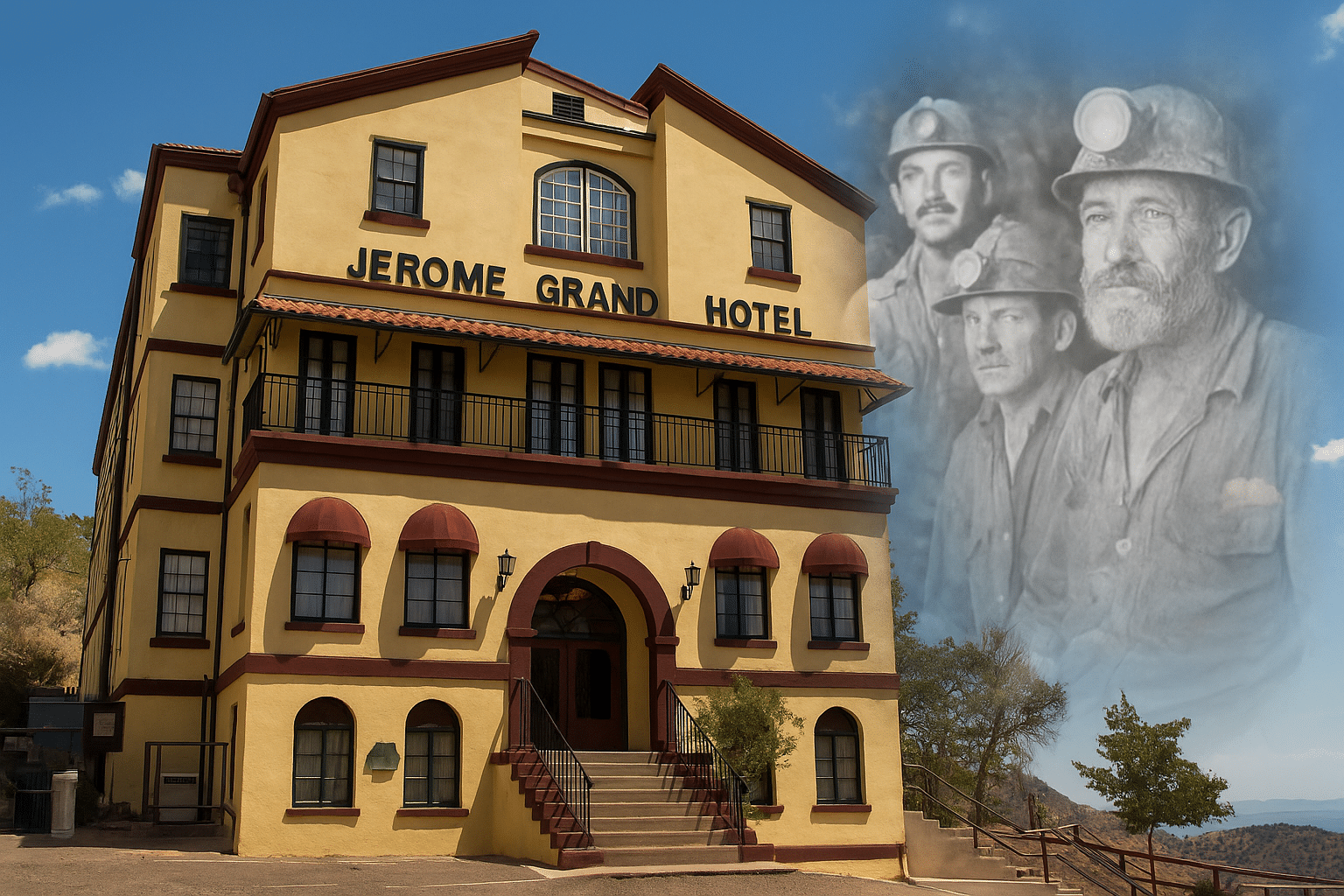 The Jerome Grand Hotel in Arizona, a historic yellow stucco building with red accents on a hillside, with ghostly transparent figures of miners in old work clothes and helmets appearing in the sky beside it, symbolizing the legend of the Whispering Miners.
