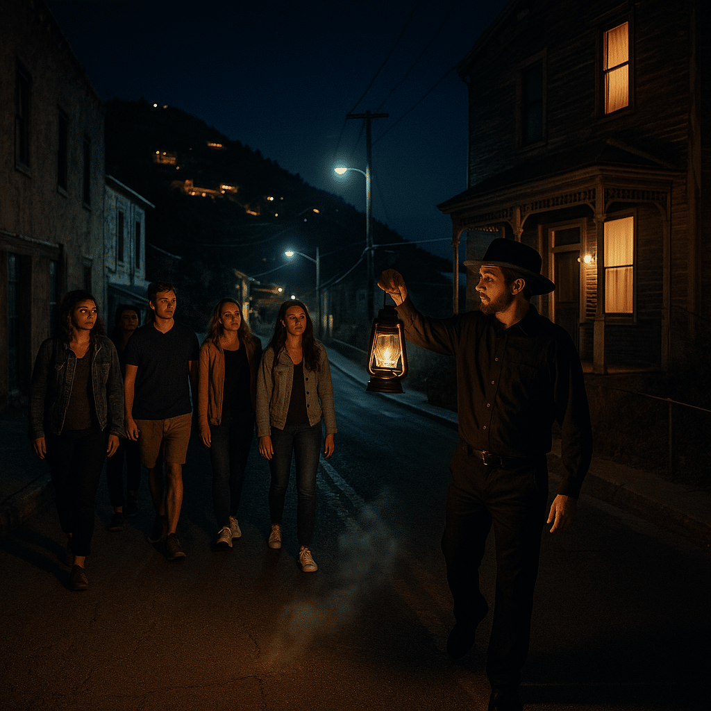 Ghost walk tour in Jerome, Arizona, with a lantern-carrying guide leading a group down a narrow nighttime street lined with historic buildings.