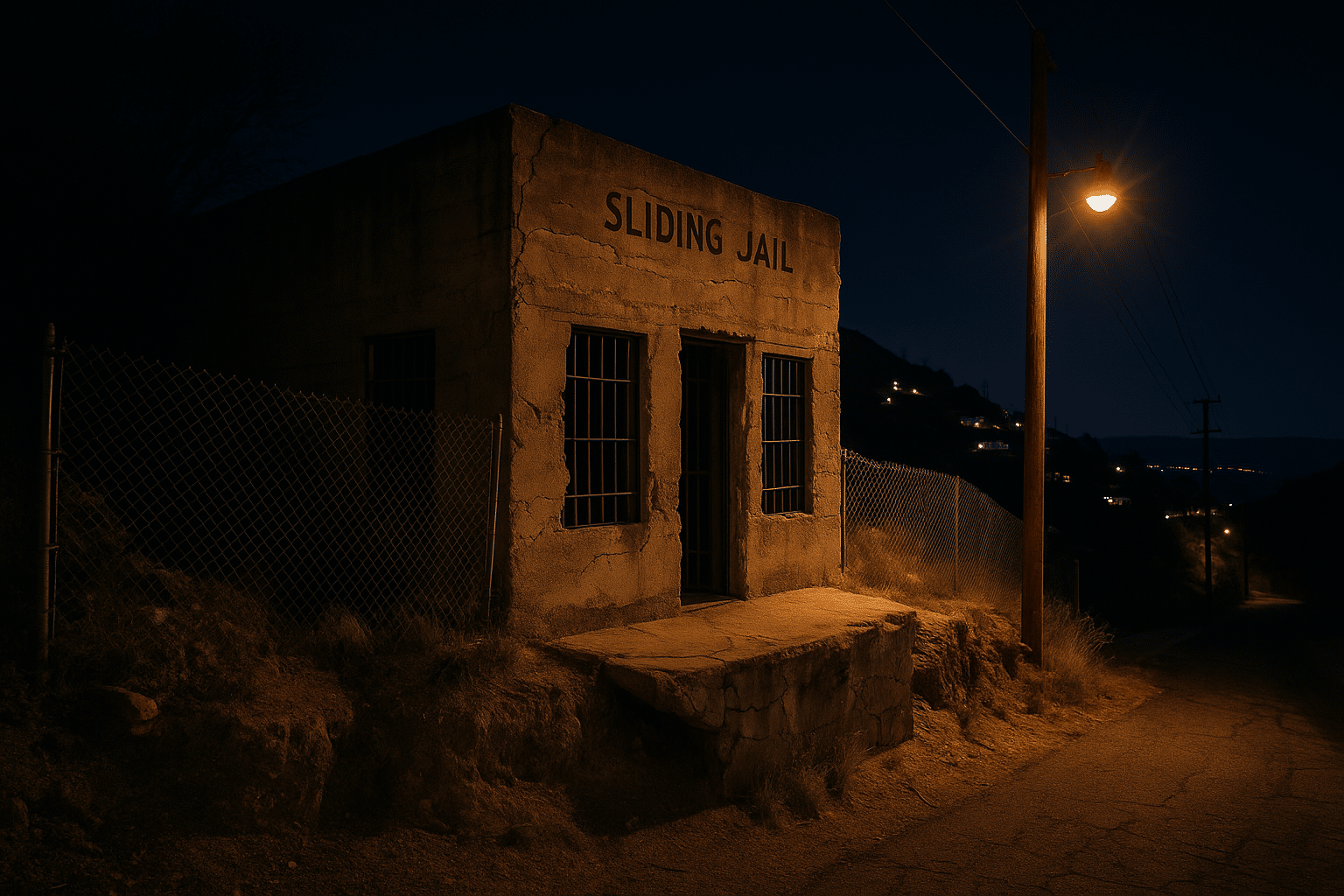Nighttime view of the Sliding Jail in Jerome, Arizona, a small cracked concrete building with barred windows and a tilted foundation, illuminated by a nearby streetlamp on the hillside.