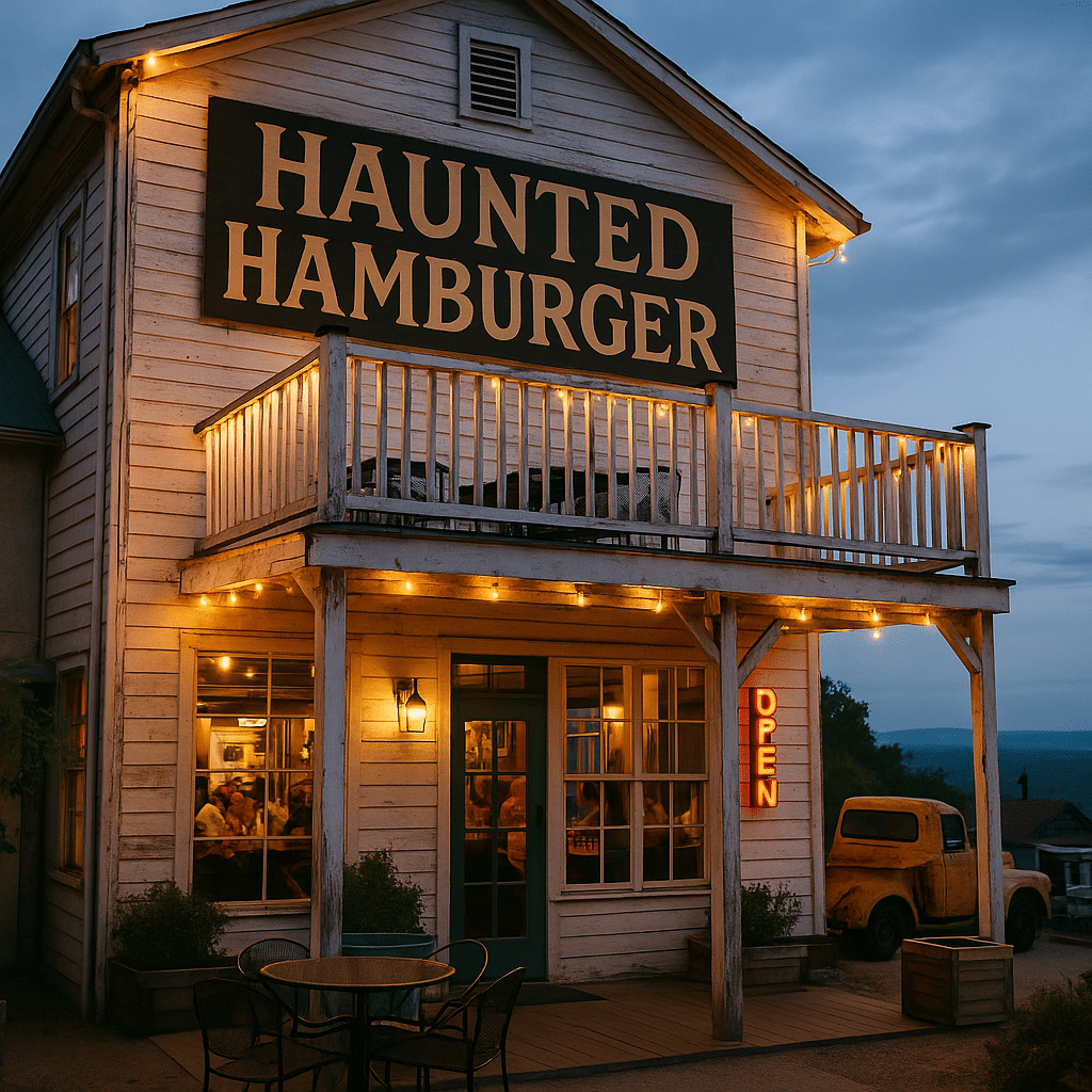 The Haunted Hamburger restaurant in Jerome, Arizona, with a rustic two-story wooden facade, balcony, glowing string lights, and a neon “OPEN” sign welcoming visitors at dusk.