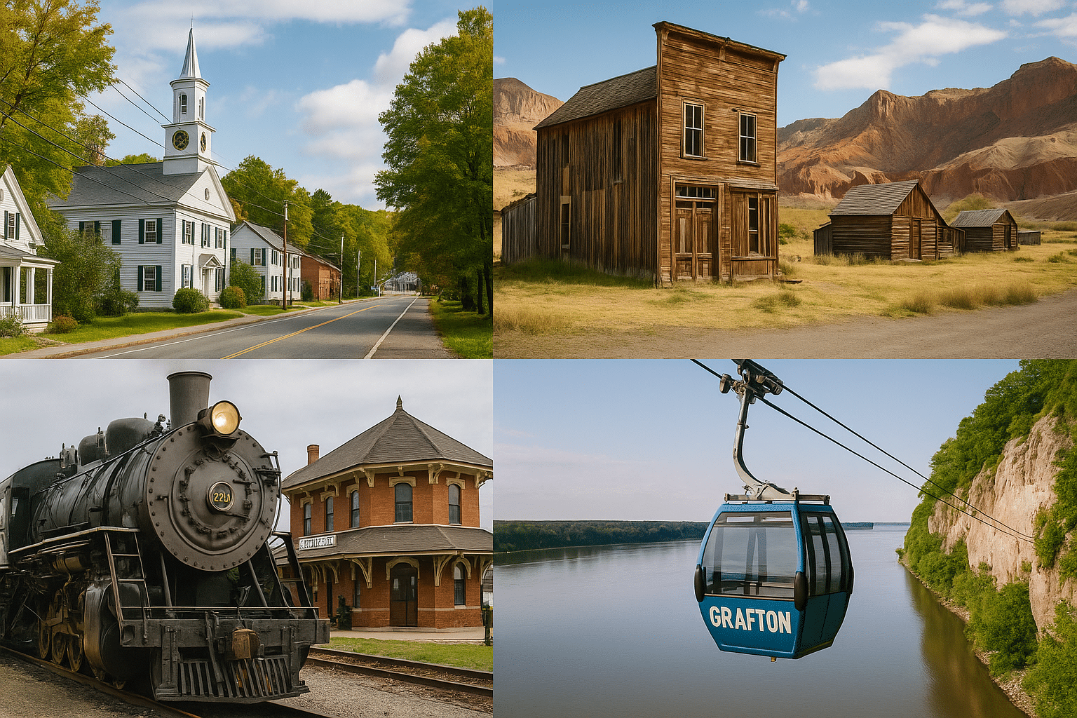 Collage of four “Graftons”: a Vermont village with a white-steepled church; a Utah ghost town with wooden cabins and red cliffs; a West Virginia steam locomotive at a historic depot; and an Illinois river gondola gliding above bluffs.