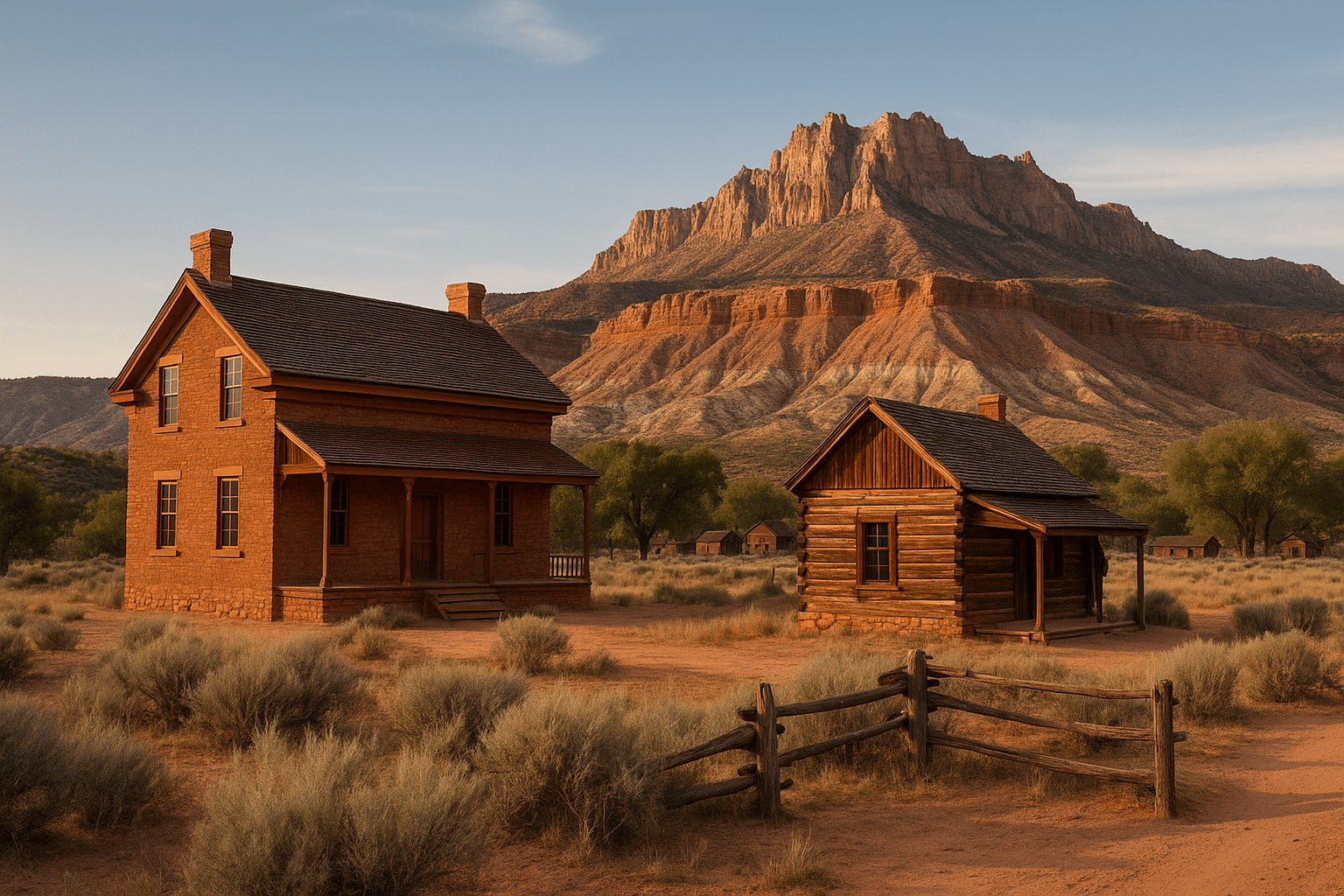 Weathered wooden cabin and red-brick schoolhouse in Grafton Ghost Town, Utah, with red cliffs and desert landscape in the background.