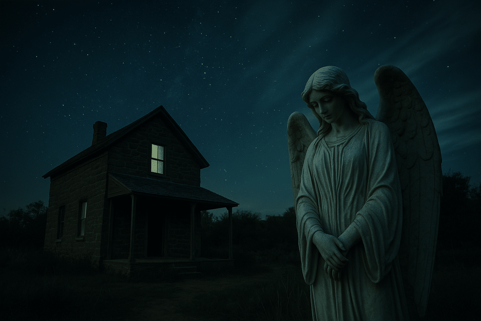 Abandoned two-story stone house with glowing windows under a starry night sky, beside a solemn stone angel statue, creating a paranormal atmosphere.
