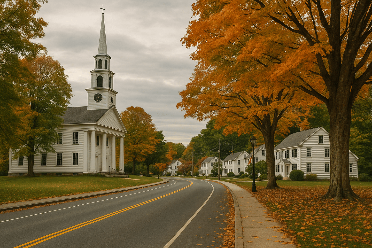 Historic white church with a tall steeple and colonial houses along a tree-lined street in Grafton, Massachusetts, surrounded by vibrant autumn foliage.