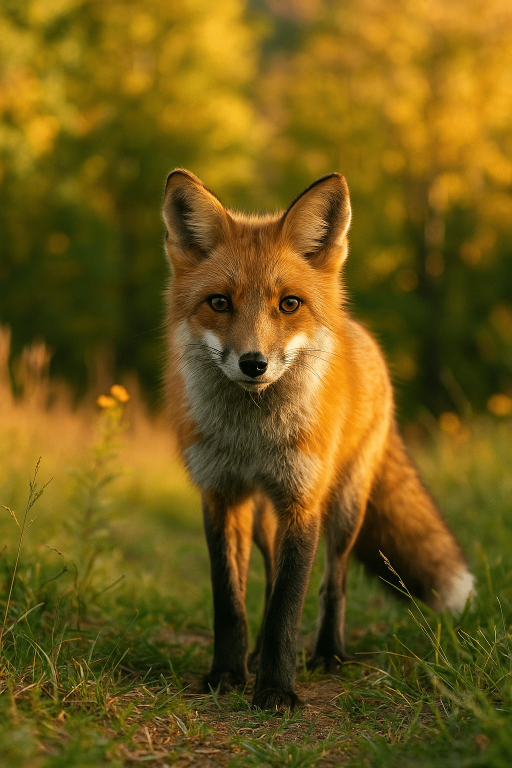 Red fox standing alert in a sunlit meadow with autumn-colored trees in the background.