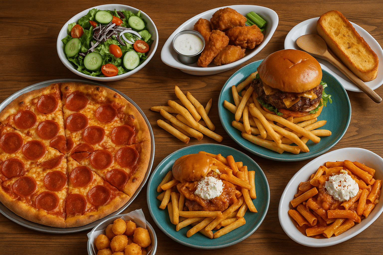 Assortment of American comfort foods including pepperoni pizza, burgers with fries, chicken wings, pasta, salad, and cheese curds on a rustic wooden table.