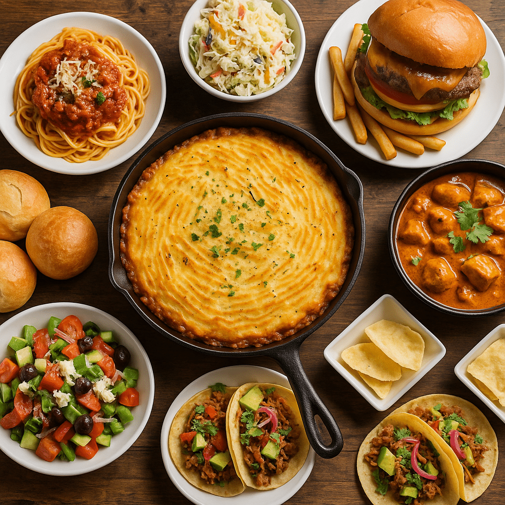 Assortment of dishes including cottage pie, tacos, salad, spaghetti, burger with fries, bread rolls, curry, and coleslaw on a rustic wooden table.