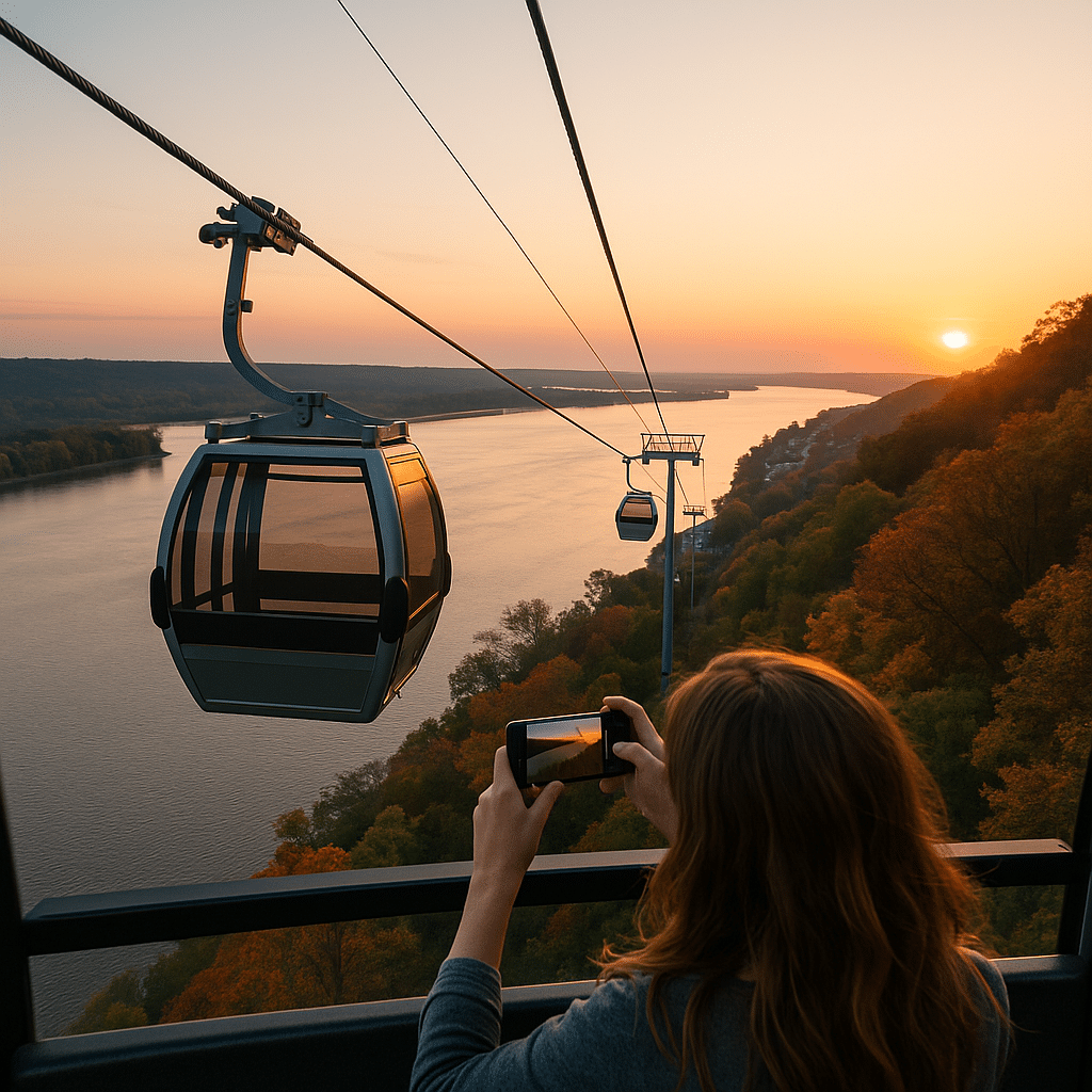 Person taking a photo from an Aerie’s SkyTour gondola as it rises above the Mississippi River at sunset, with glowing reflections on the water and autumn trees below.