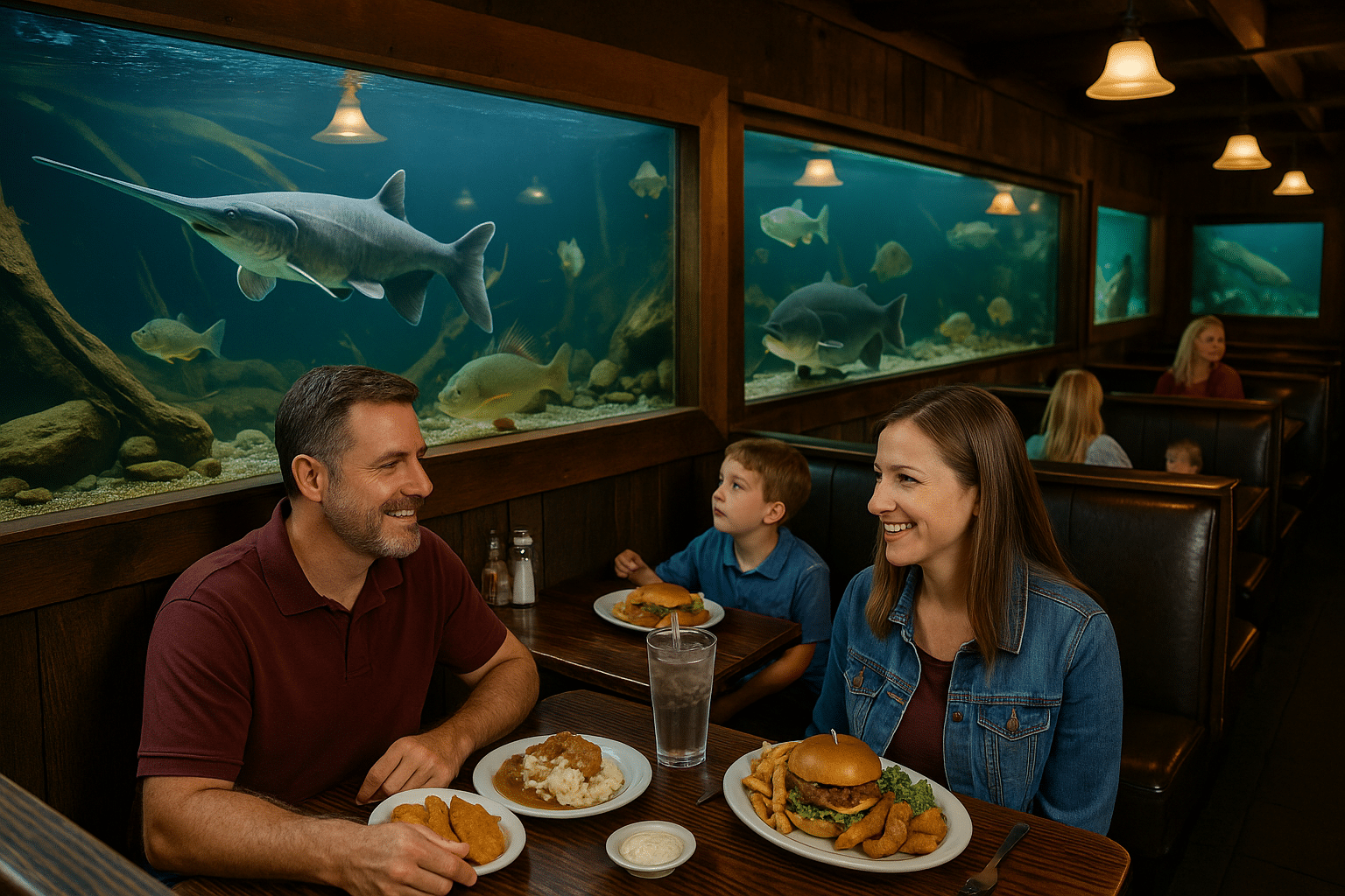 Family dining inside the Fin Inn restaurant in Grafton, Illinois, with large aquariums of paddlefish and catfish beside their table.