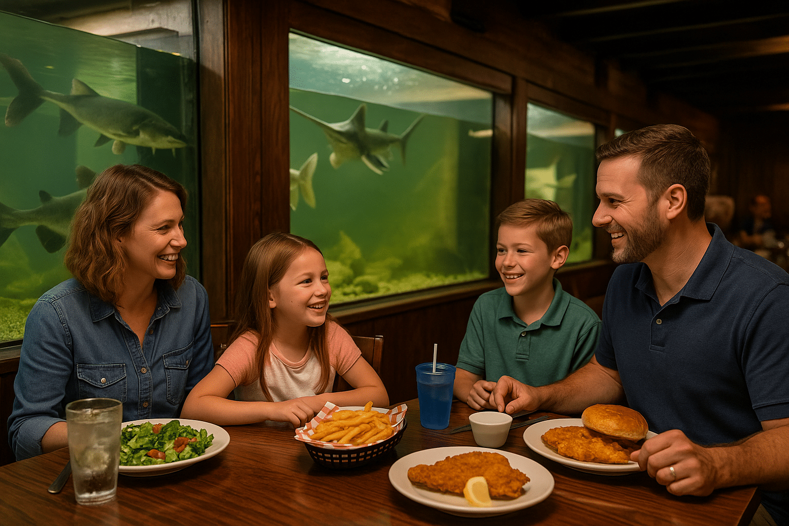 Family of four dining together at the Fin Inn restaurant in Grafton, Illinois, with aquariums of paddlefish and catfish glowing beside them.
