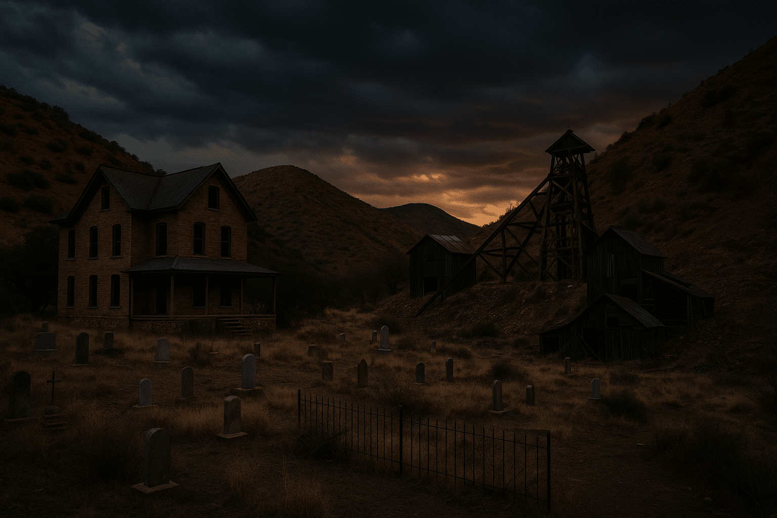 Abandoned mining town at dusk with a weathered house, wooden mining structures, and a cemetery under dramatic twilight skies.