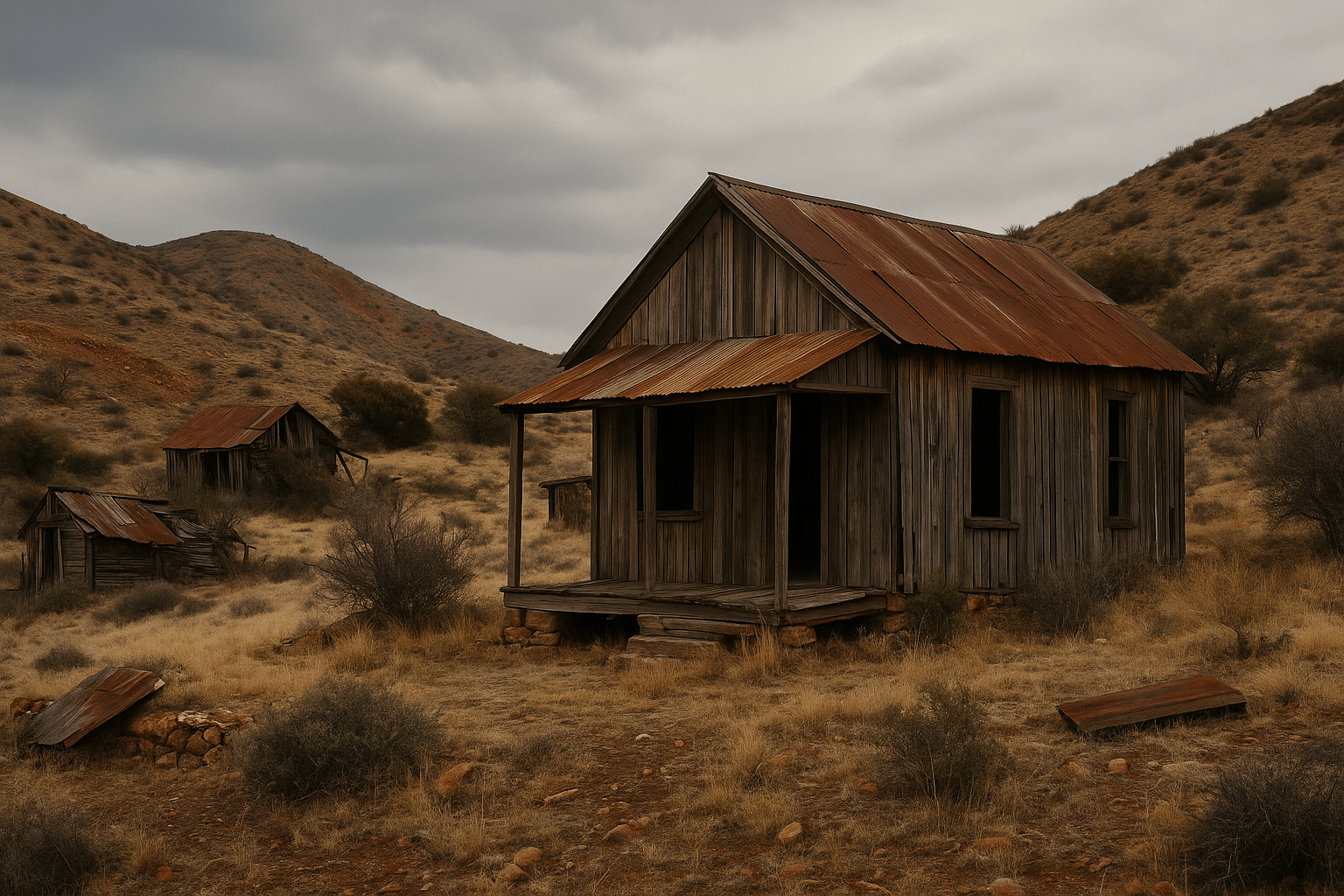 Abandoned wooden cabins with rusted tin roofs scattered across a dry desert hillside, remnants of a vanished mining camp.