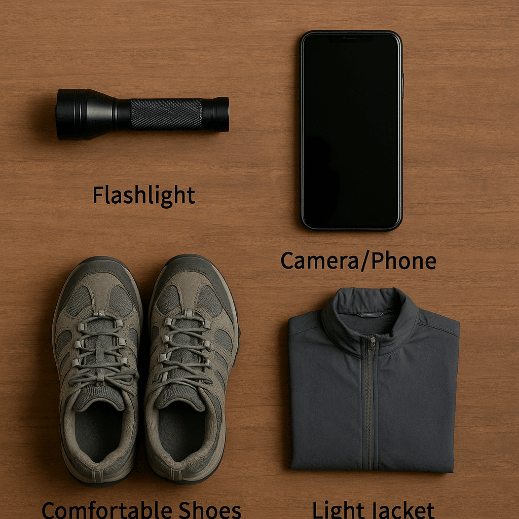 Flat lay of ghost tour essentials including flashlight, smartphone camera, hiking shoes, and a folded light jacket on a wooden surface.