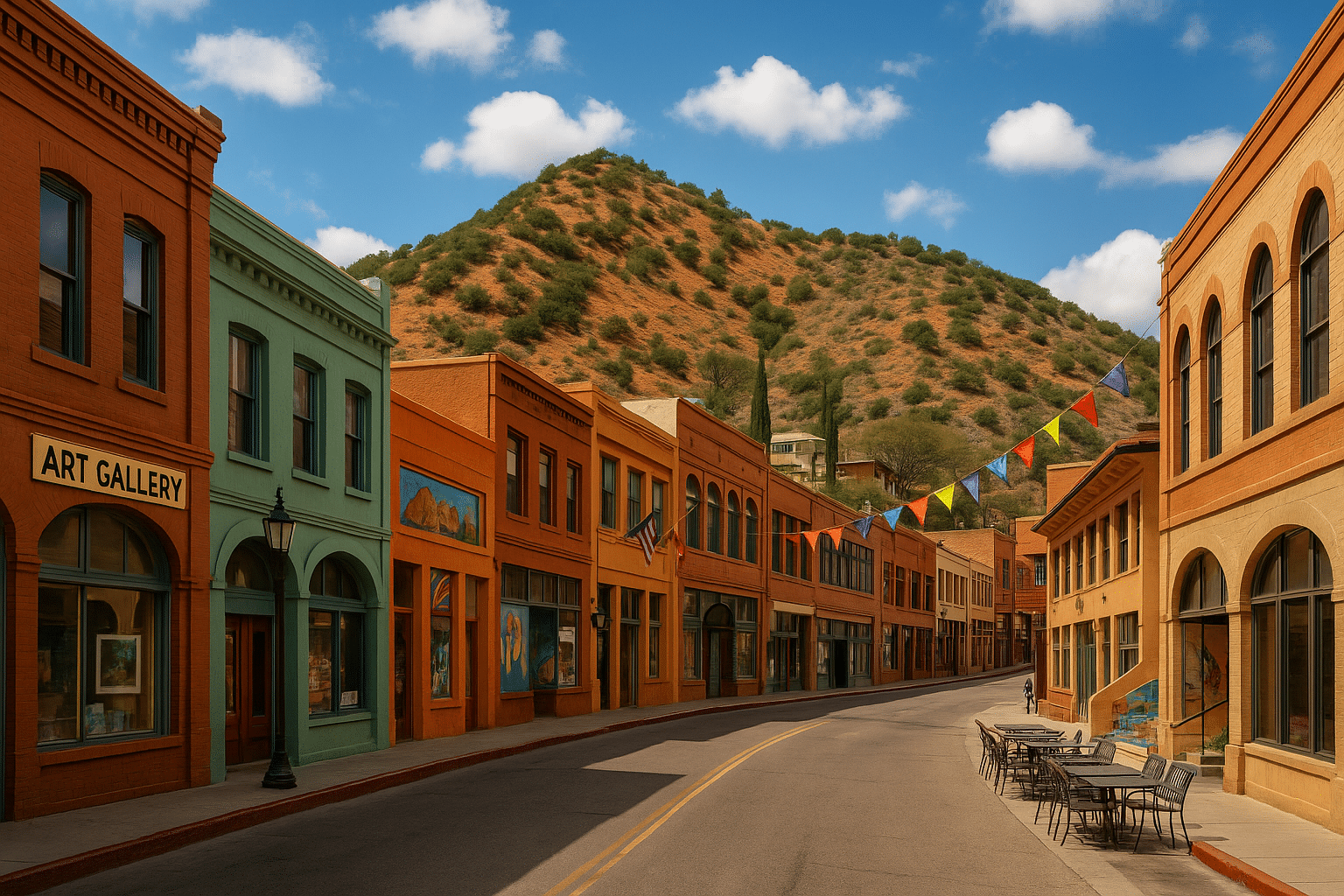 Colorful street in Bisbee, Arizona with historic brick art galleries, murals, flags, and the Mule Mountains in the background.