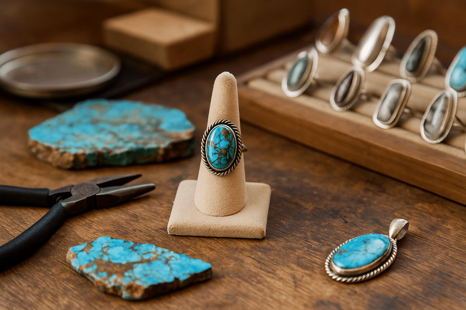 Handcrafted Bisbee turquoise jewelry on a wooden artisan’s workspace with rings, pendants, turquoise slabs, and silver tools.