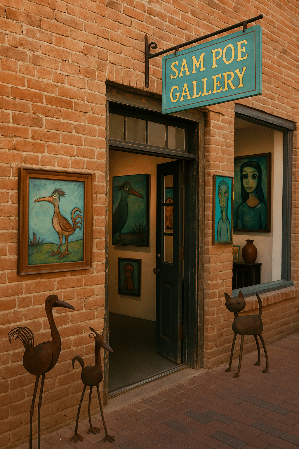 Entrance of Sam Poe Gallery in Bisbee with whimsical paintings, metal bird and cat sculptures, and a turquoise sign above the door.