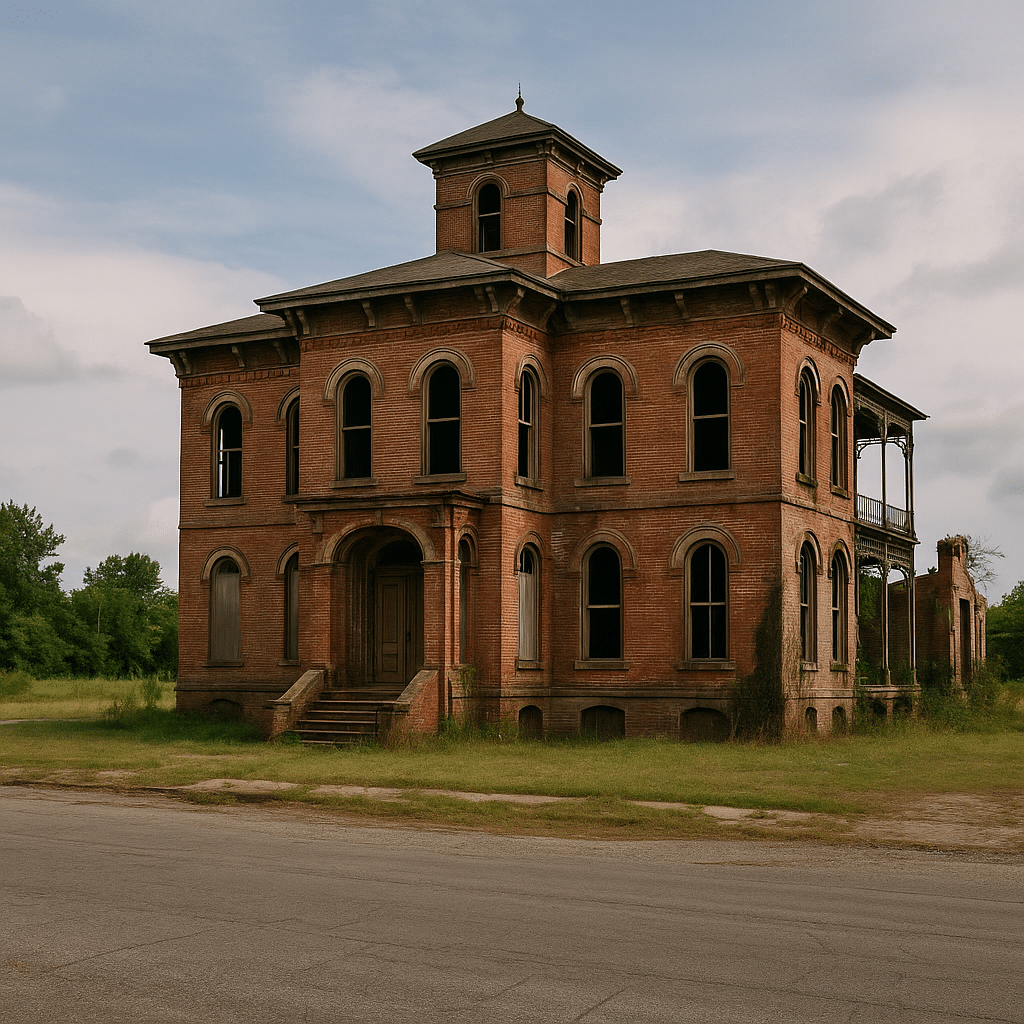 Abandoned red brick Italianate mansion in Cairo, Illinois, with arched windows, central cupola, and overgrown surroundings under a cloudy sky.